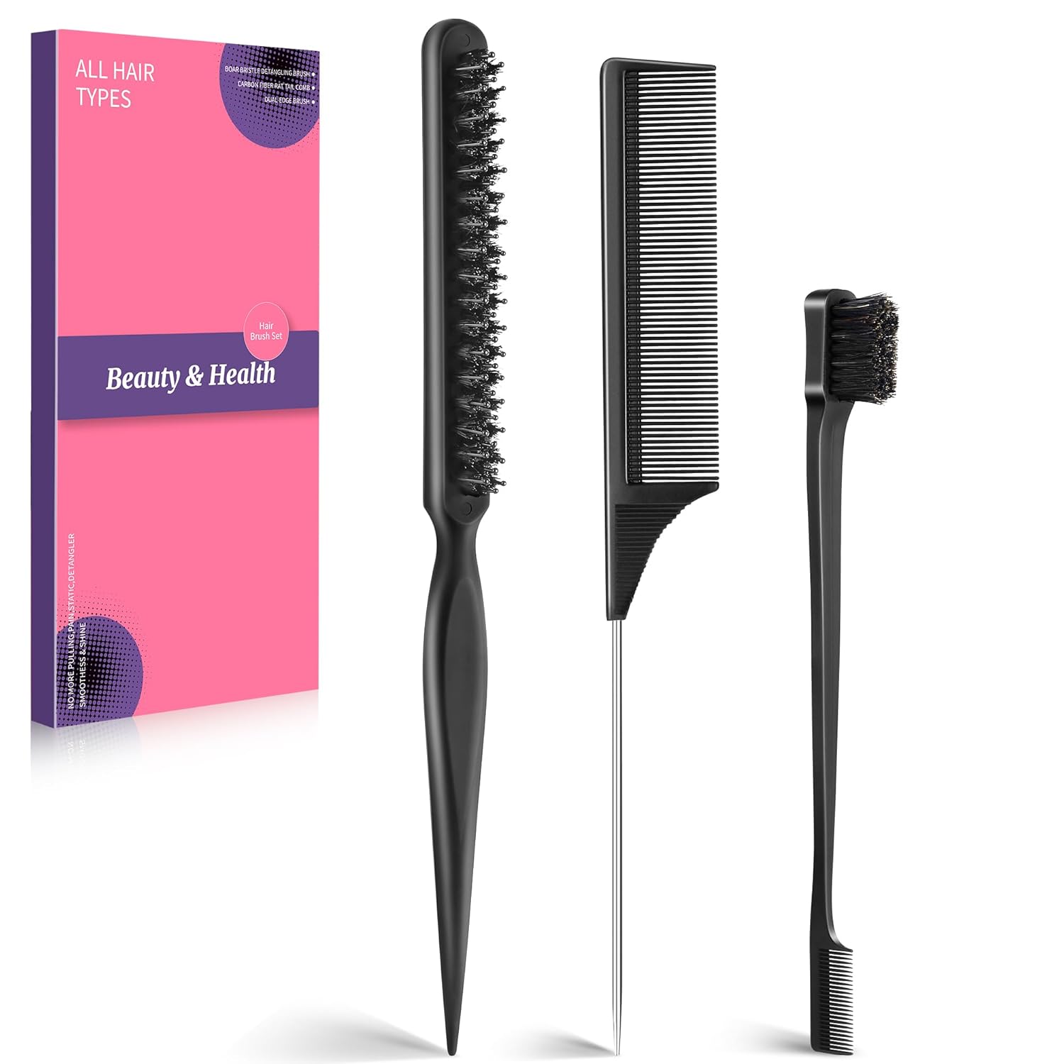 3pcs Hair Styling Tools Set &amp;ndash; Boar &amp;amp; Nylon Bristle Slick Back Hair Brush, Carbon Rat Tail Comb, 2-In-1 Edge Brush for Smooth Styling &amp;amp; Taming Flyaways &amp;ndash; for Girls &amp;amp; Women, Daily/party/travel Use