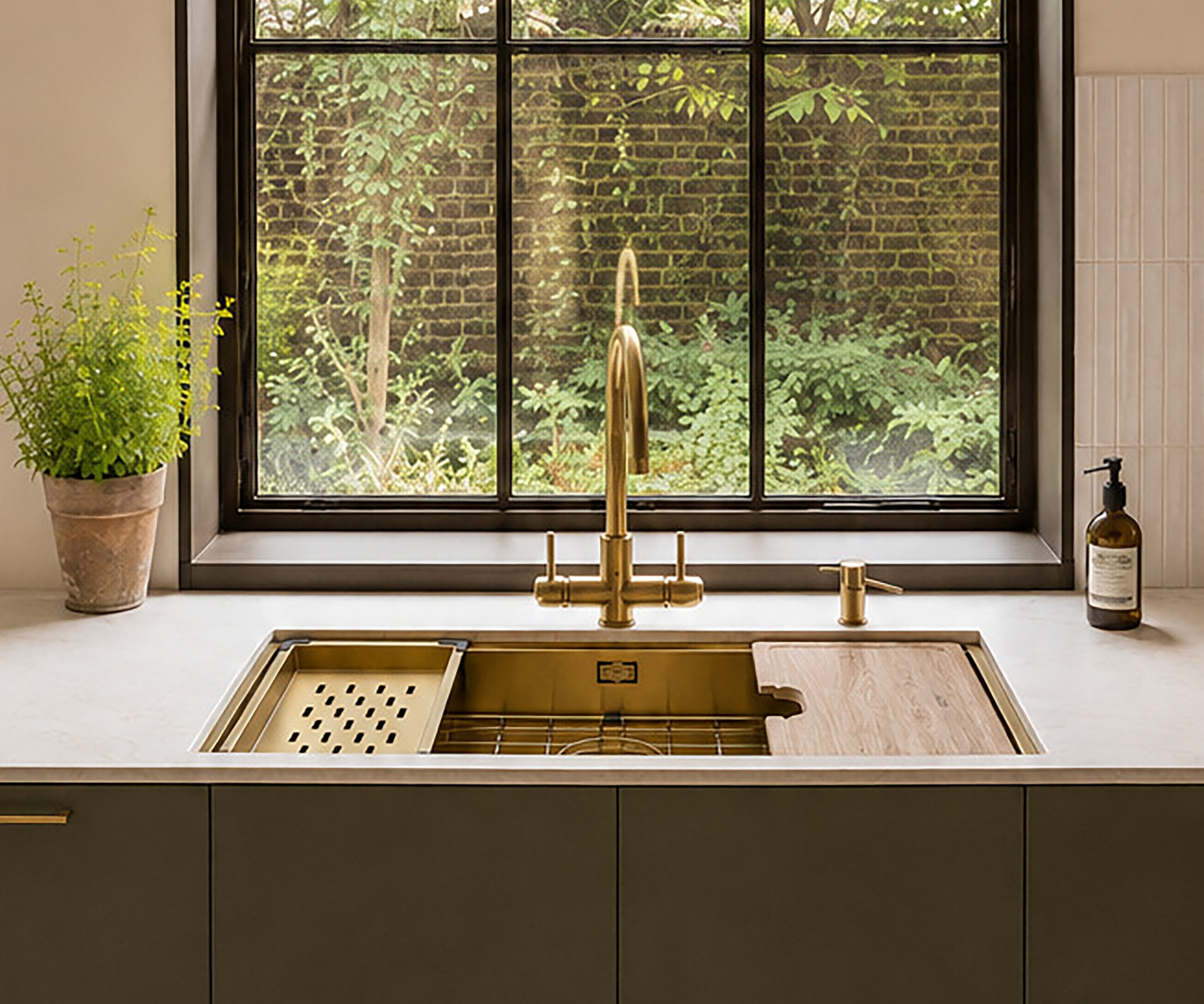 Brass workstation sink with a chopping board and colander insert, gold tap, beneath a garden-facing window.