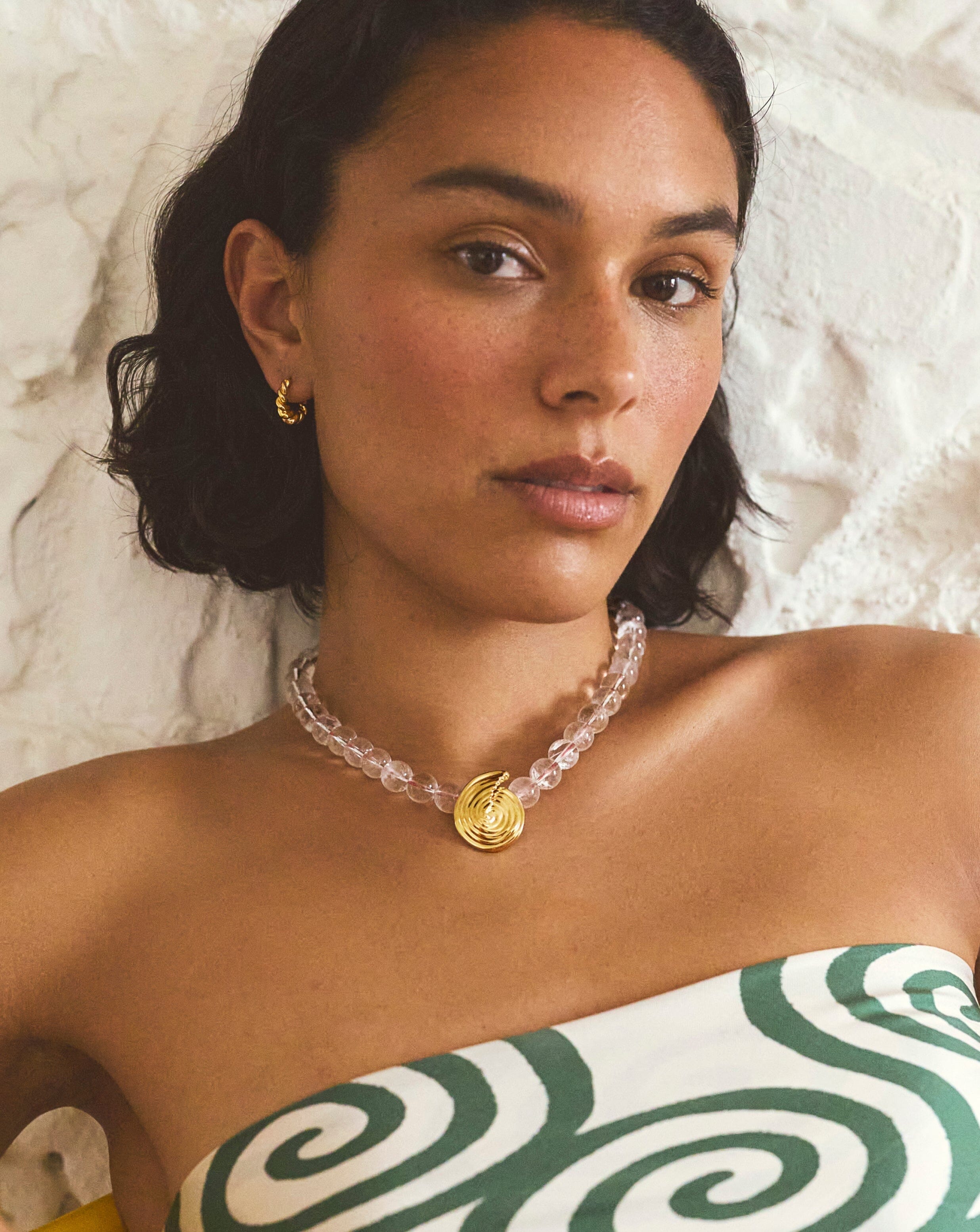Spiral Gemstone Beaded Pendant Necklace |18ct Gold Plated / Clear Crystal Quartz Necklaces