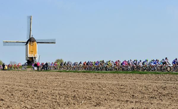 The peloton knows it's in Holland by the classic windmills.