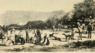 A histroical sketch of a group of people in front of Takht-e-Sulaiman