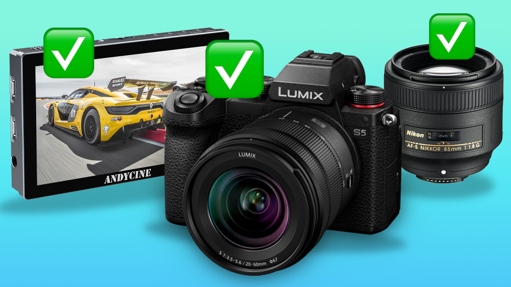 Panasonic Lumix S5, Anycine X5 field monitor, and Nikon AF-S 85mm f/1.8G product images on a blue to green gradient with green tick emojis on each product 