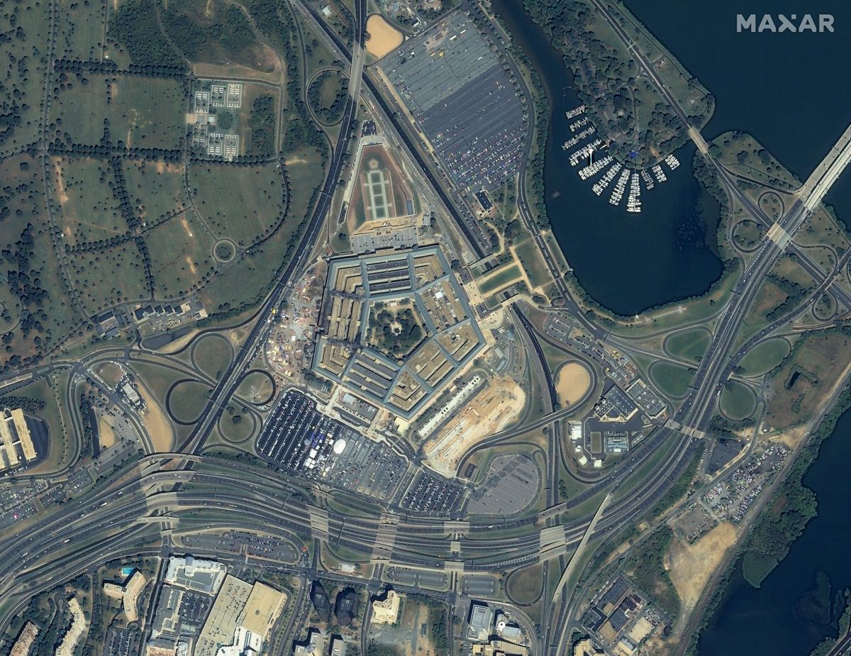 IKONOS captured this view of The Pentagon in Arlington, Virginia, on Sept. 15, 2001, showing the crash site of American Airlines Flight 77 and the damage caused to the left side of the government building.