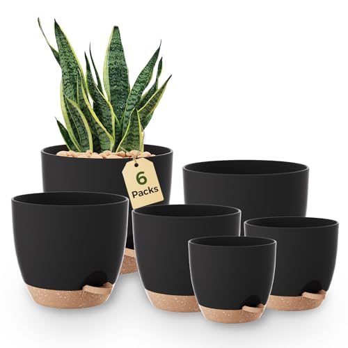 Bamworld Self Watering Plant Pots Indoor Set of 6, Plastic Flower Pots 12.7/14/15.2/16.5/17.8/20.3 Cm With Saucers and Drainage Holes for Outdoor Windowsill Garden Decor&amp;#65288;black&amp;#65289;
