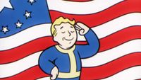 Vault-Boy saluting in front of a flag