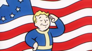 Vault-Boy saluting in front of a flag