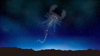 Scorpius constellation graphic illustration showing bright stars in the formation of a scorpion.