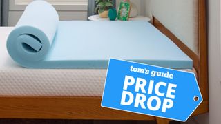 Image shows a blue Linenspa Gel Memory Foam Mattress Topper rolled out on top of a white mattress placed on a wooden bed frame, with a blue price drop badge overlaid on the image