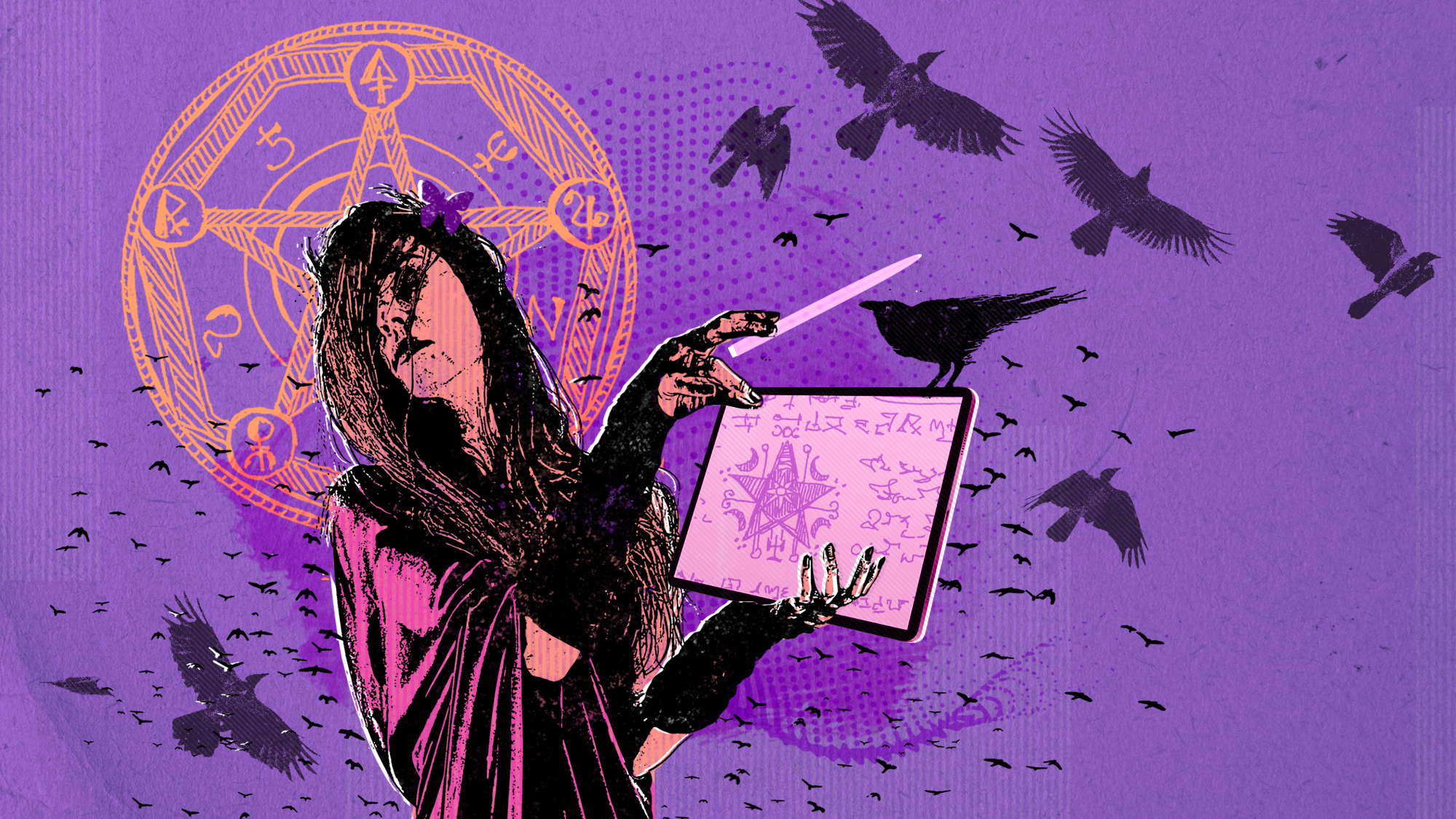 A modern witch casting a spell over a tablet device