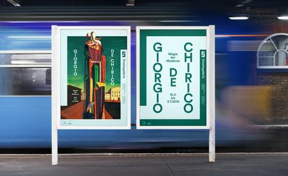 Two Staatsgalerie billboards side by side, one with image, one with writing