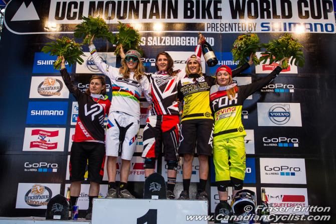 Women podium:Emmeline Ragot, Rachel Atherton, Manon Carpenter, Myriam Nicole, Tahnee Seagrave