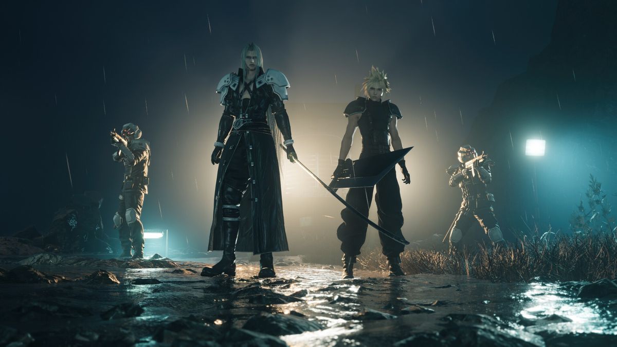 Sephiroth and Cloud flanked by Shinra soldiers in Final Fantasy 7 Rebirth