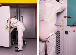 Two images of Heavy Load, a speculative project by Takram featuring an automatic toileting device