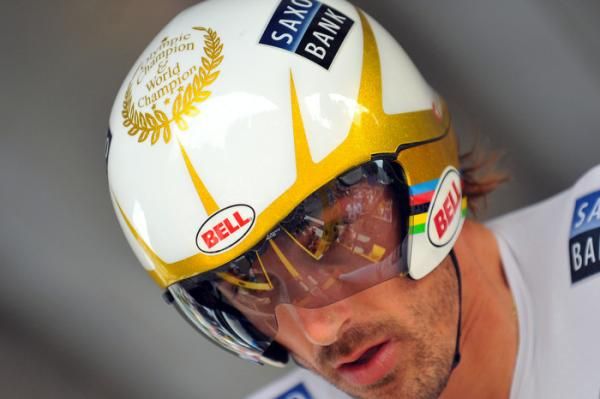 Fabian Cancellara has a special gold-trimmed helmet with his Olympic/World titles honoured