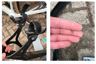 The pads and straps that secure the Zéfal SHIELD G50 gravel mudguards on the left and the tiny screw shown close up on a hand on the right