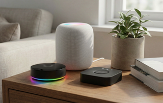 three of the best smart hubs on a wooden table next to a plant and books and in front of a sofa