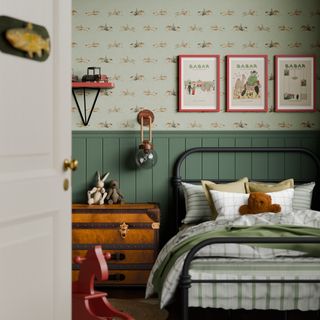 bedroom with green wall panellling and horse design wallpaper