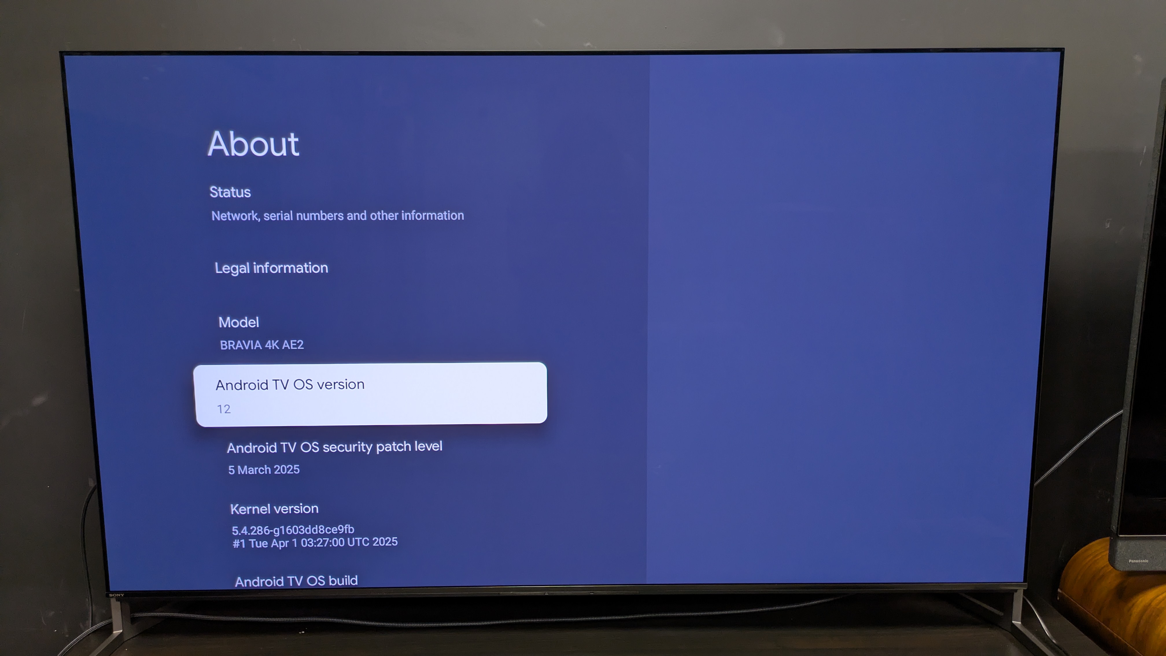Sony Bravia 8 II with about screen on display with Android version highlighted