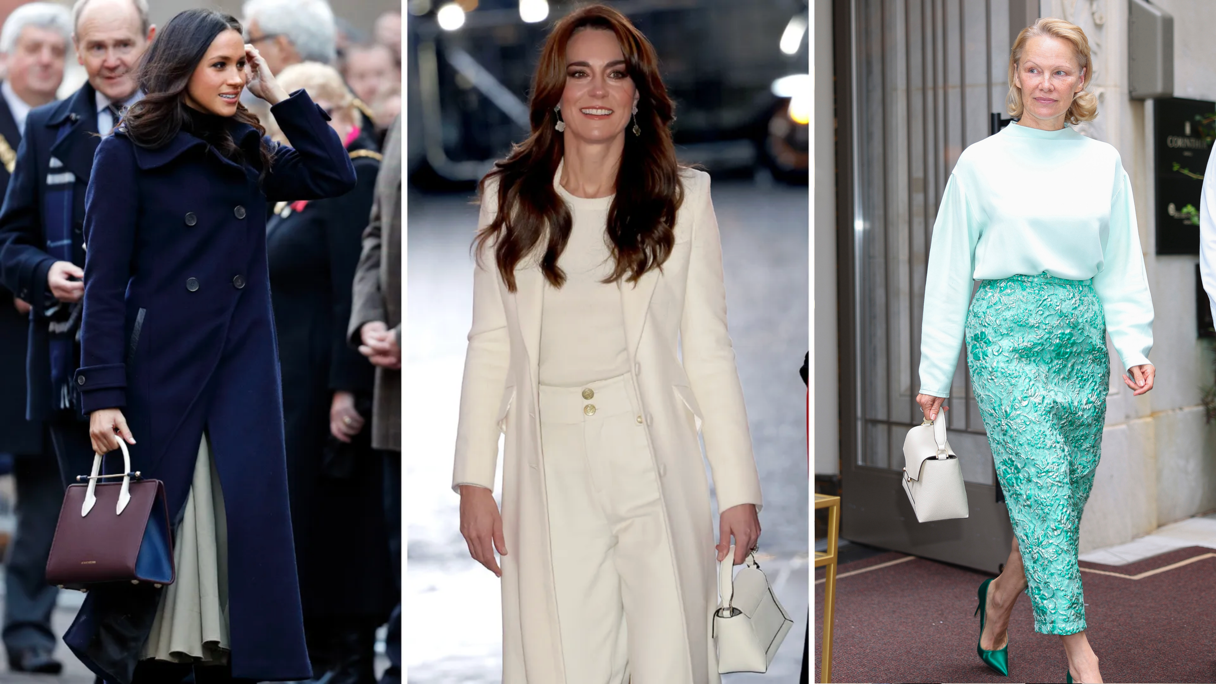 Meghan Markle, Kate Middleton and Pamela Anderson wearing Strathberry bags