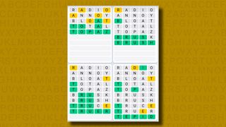 Quordle Daily Sequence answers for game 1135 on a yellow background