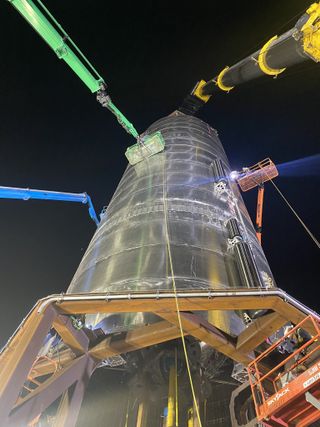 SpaceX founder and CEO Elon Musk tweeted this photo of the company’s SN3 prototype on the launch stand, getting readied for testing, on March 30, 2020.