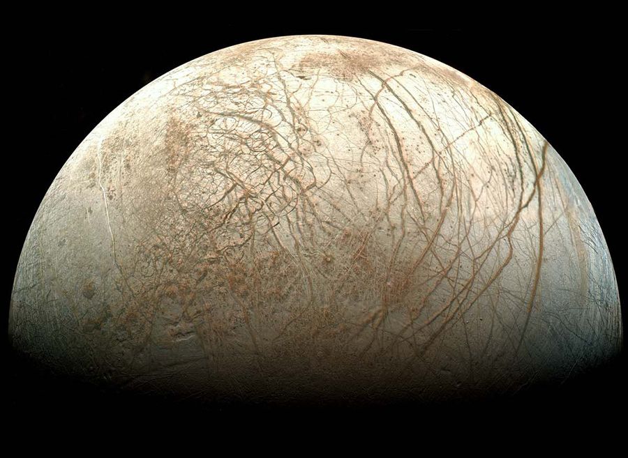 Juptier&#039;s moon Europa, as viewed from NASA’s Galileo spacecraft.