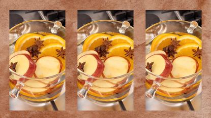 Three images of a simmer pot with apples and star anise on stove