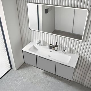 grey and white bathroom with double wide sink