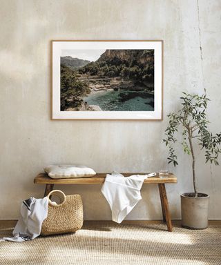 Balmy med inspired hallway with framed wall art by Desenio