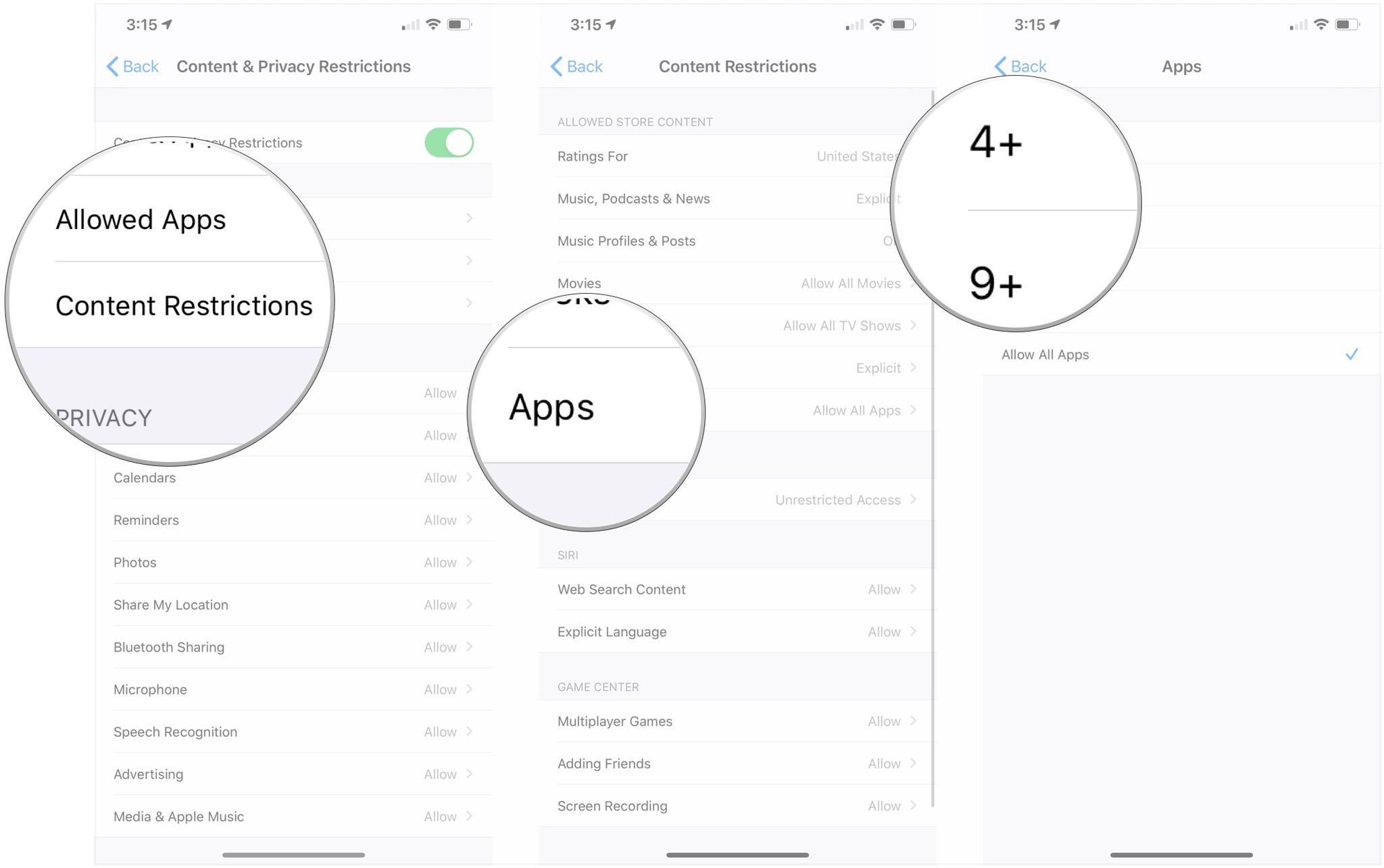 Tap Content Restrictions, tap Apps, tap highest rating