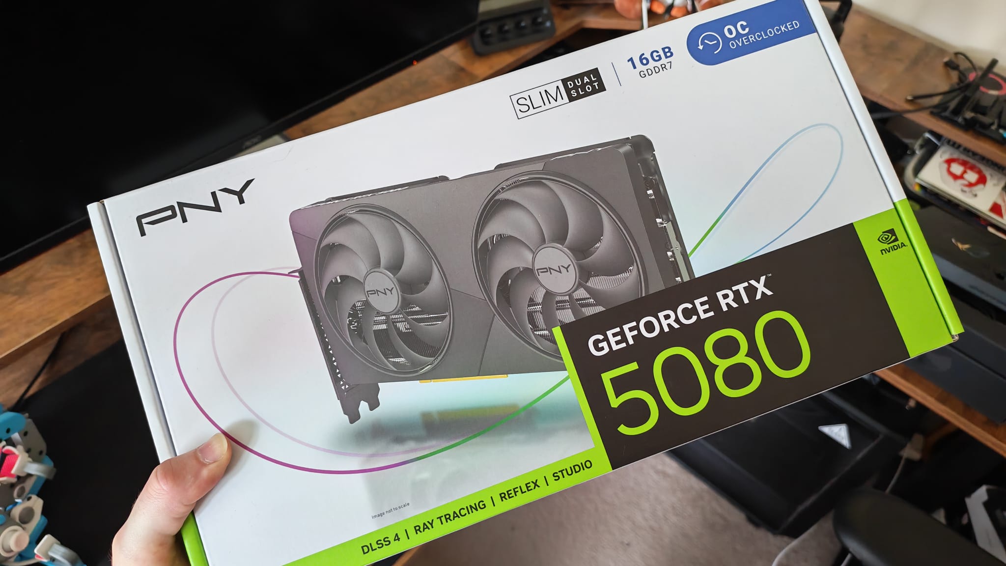 The box for the PNY GeForce RTX 5080 OC Slim