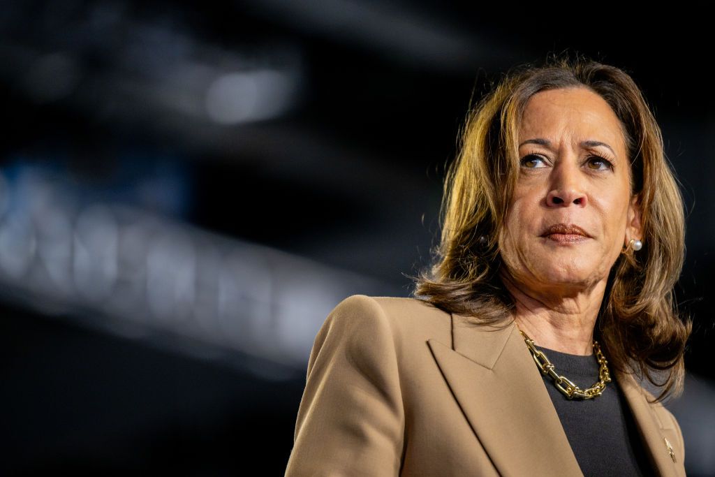 Democratic presidential nominee, Vice President Kamala Harris pauses while speaking during a campaign rally at the Rawhide Event Center on October 10, 2024 in Chandler, Arizona..