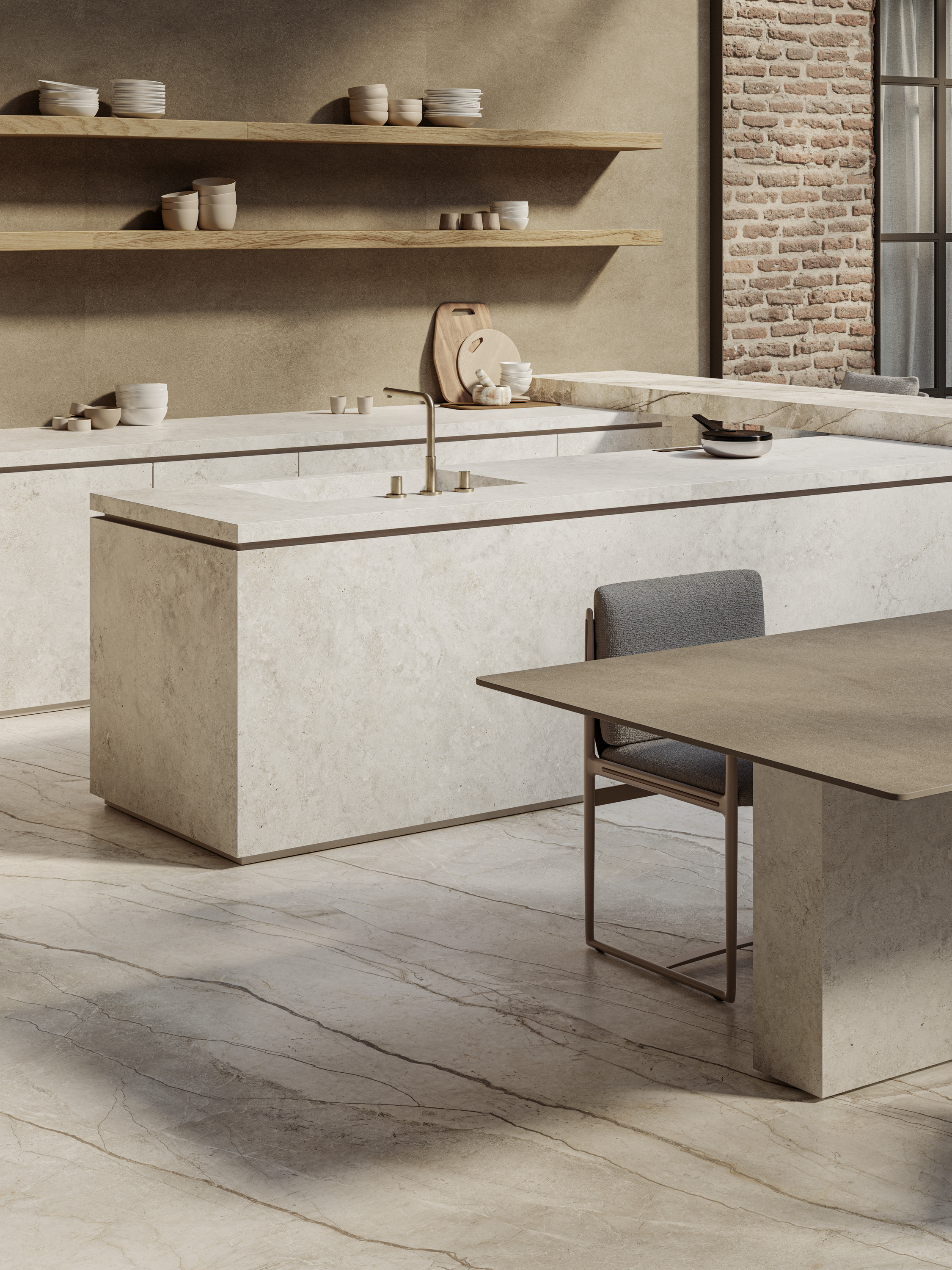 A kitchen with a large format porcelain slab for the counter