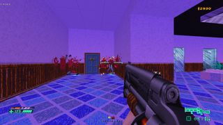 Beyond Sunset's shotgun mulches enemies in an extremely purple lobby.