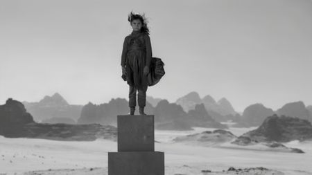A young girl stands defiantly atop a tall pedestal of stacked blocks in the middle of a barren desert.