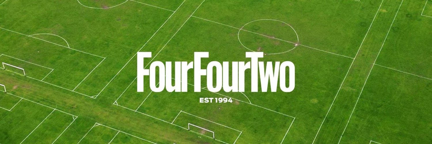 FourFourTwo logo est 1994 on an aerial shot of a green football pitch