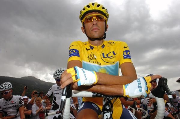 Alberto Contador (Astana) is a picture of concentration on the start line.