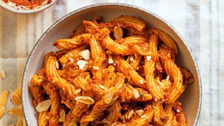 Plate of sundried tomato and almond pesto pasta from Pasta Evangelists