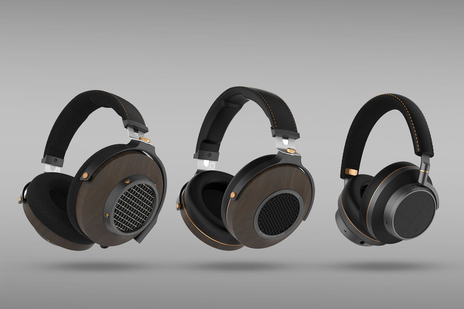 Klipsch Atlas Series headphones, left to right: HP-3, HP-2 and HP-1 on a grey background