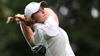 Mimi Rhodes takes a tee shot during the Curtis Cup at Sunningdale