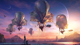 Official concept art for the movie Avatar: Fire and Ash. A beautiful sky is filled with a fleet of strange flying crafts – a large balloon with 2 wings either side is carrying a ship-like object.