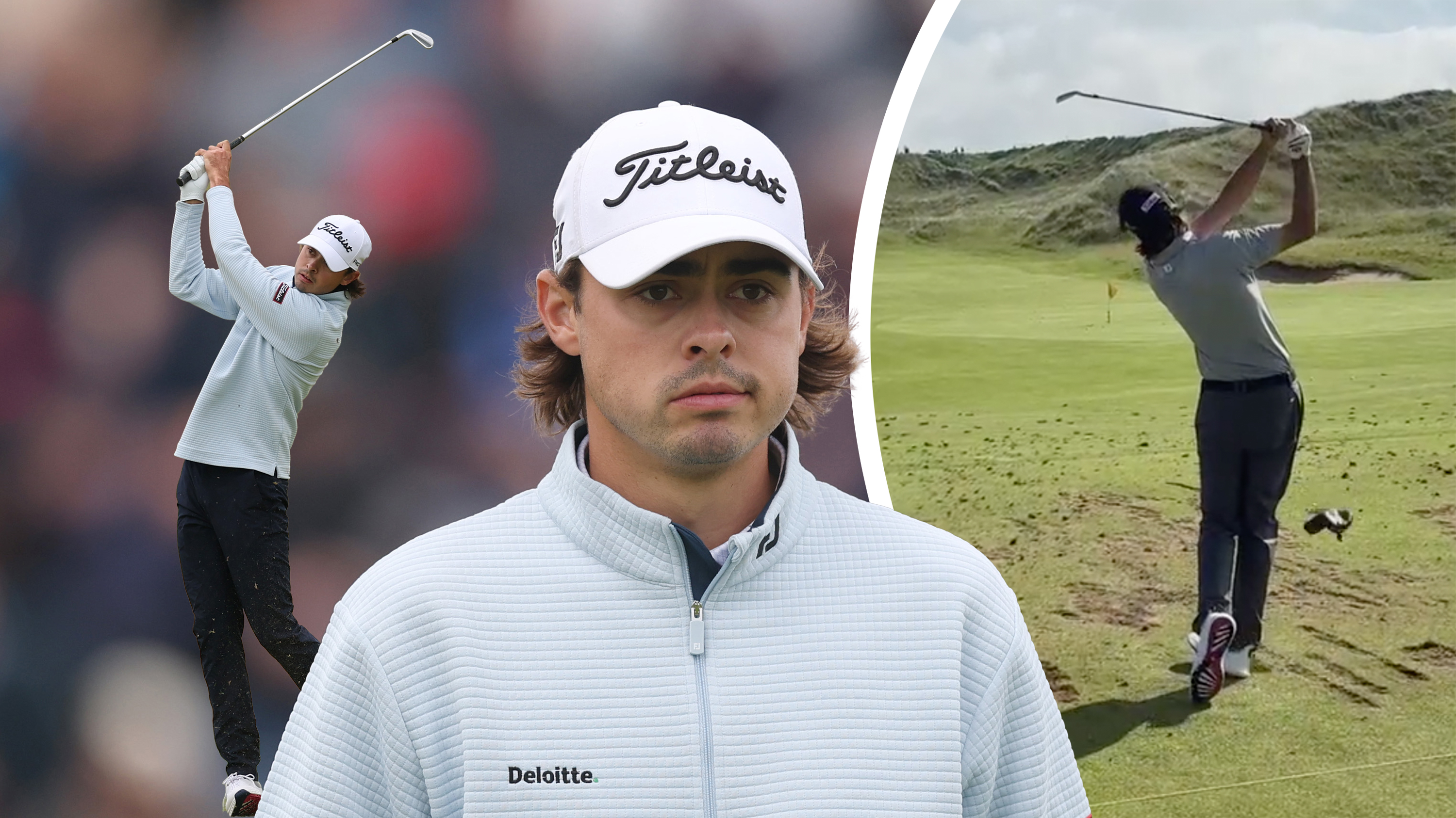 Jacob Skov Olesen headshot, with an inset image of Jacob Skov Olesen hitting an iron shot at the Open Championship and another inset image of Jacob Skov Olesen carrying out a connection drill on the range at Royal Portrush