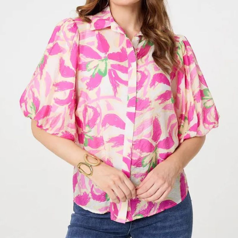 pink floral shirt with puffed sleeves