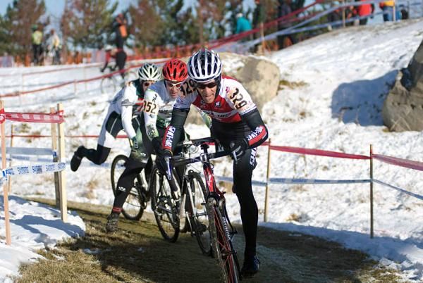 John Miller (Rock N Road) prepares to dimount at the base of the stairs in the 55-59 race.