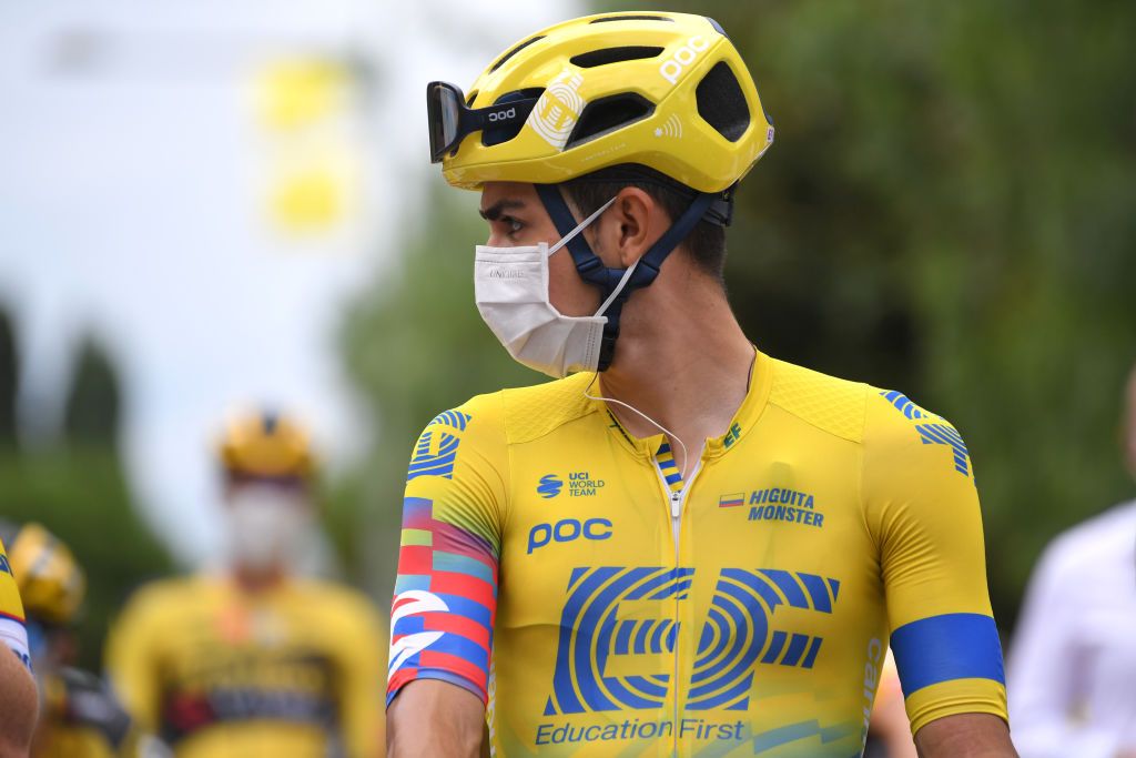 NICE FRANCE AUGUST 29 Start Sergio Andres Higuita Garcia of Colombia and Team EF Pro Cycling Mask Covid Safety Measures Nice City during the 107th Tour de France 2020 Stage 1 a 156km stage from Nice Moyen Pays to Nice TDF2020 LeTour on August 29 2020 in Nice France Photo by Tim de WaeleGetty Images