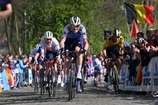 Belgian Jasper Stuyven of Trek-Segafredo and Dane Kasper Asgreen of QuickStep-AlphaVinyl pictured in action during the mens GentWevelgem In Flanders Fields cycling race 2489km from Ieper to Wevelgem Sunday 27 March 2022 BELGA PHOTO DIRK WAEM Photo by DIRK WAEM BELGA MAG Belga via AFP Photo by DIRK WAEMBELGA MAGAFP via Getty Images