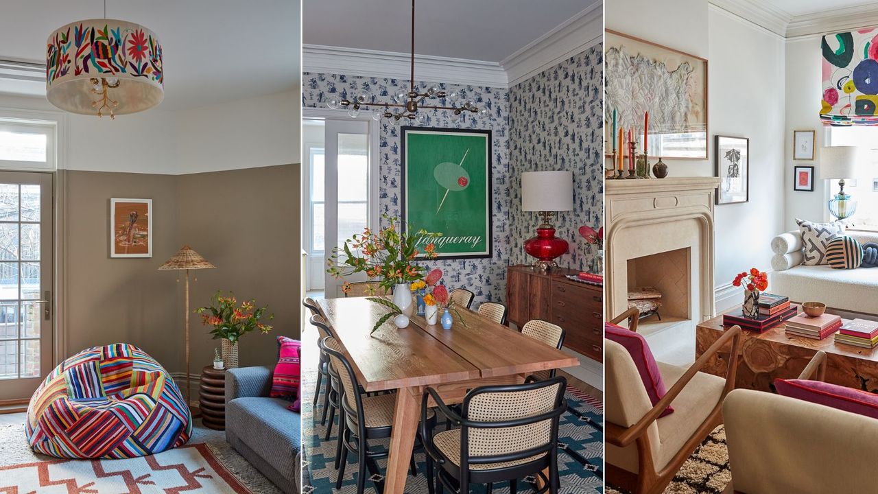 Three images of a colorful maximalist home