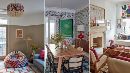 Three images of a colorful maximalist home