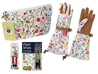 Gardening gift bundle - floral patterned gloves and zipper tote with plant snips and garden shears