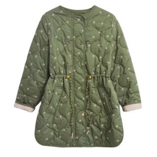 quilted khaki jacket with draw cord at waist and embroidery detail